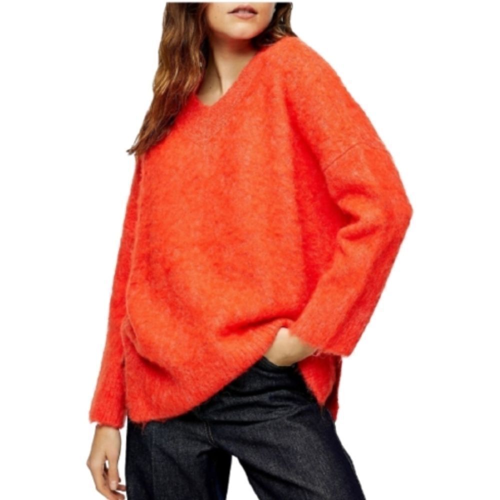 Topshop Orange Brushed V-neck Sweater Womens Size XS
